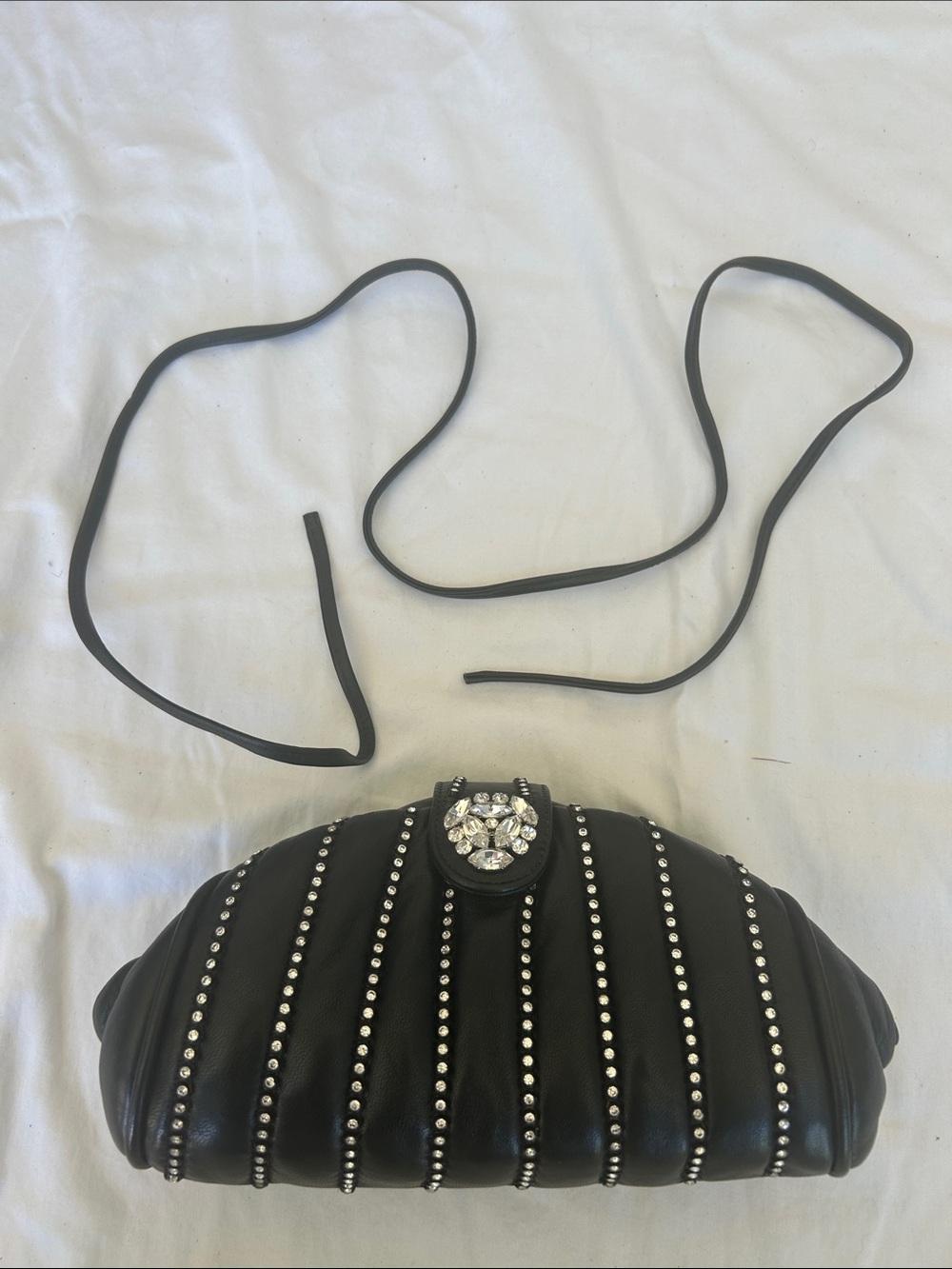 Maresse - Black Leather Crystal-Embellished Clutch with Strap